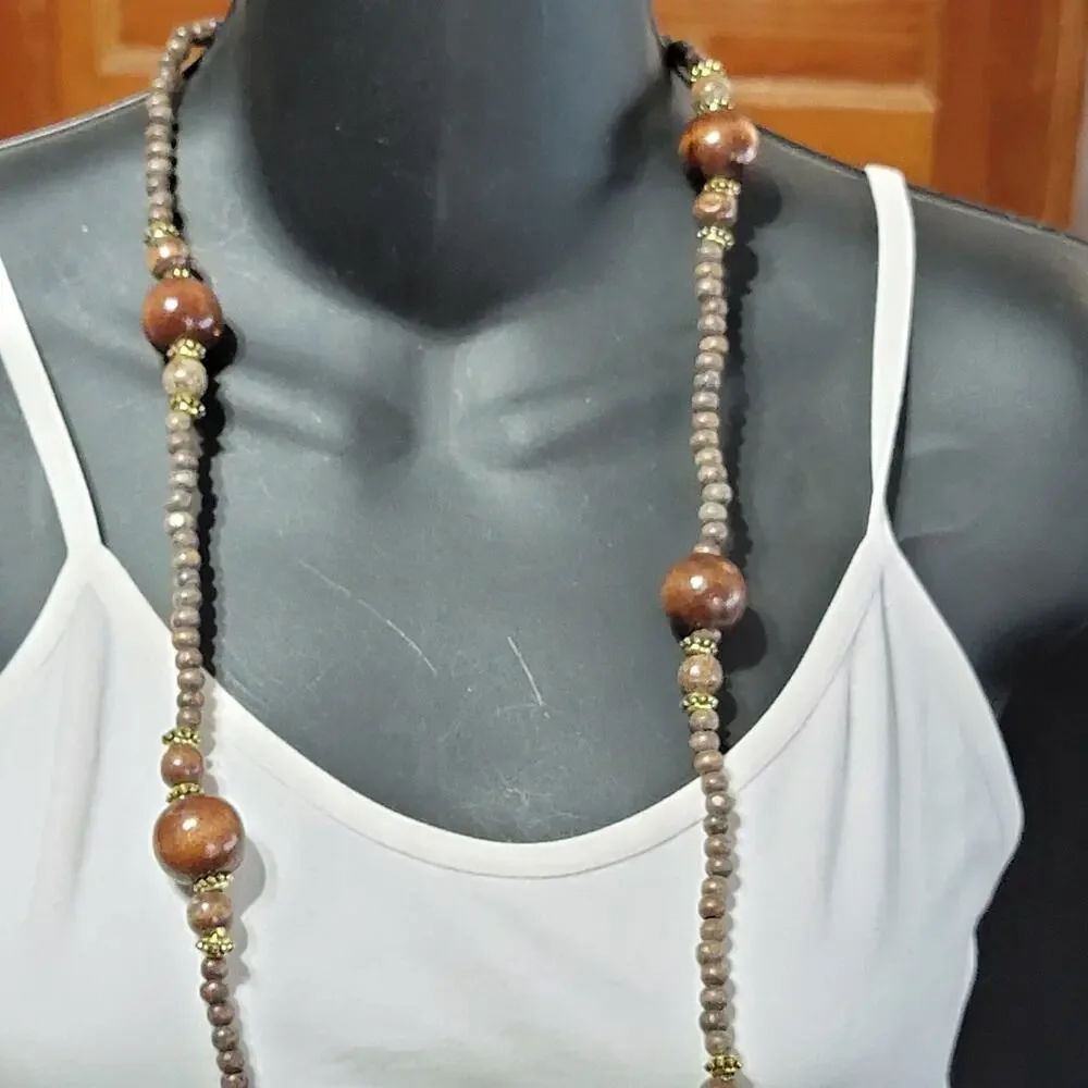 Vintage Long Wood Beaded Necklace 54” Boho Dark Brown‎ Gold-tone Tribal br01-09
